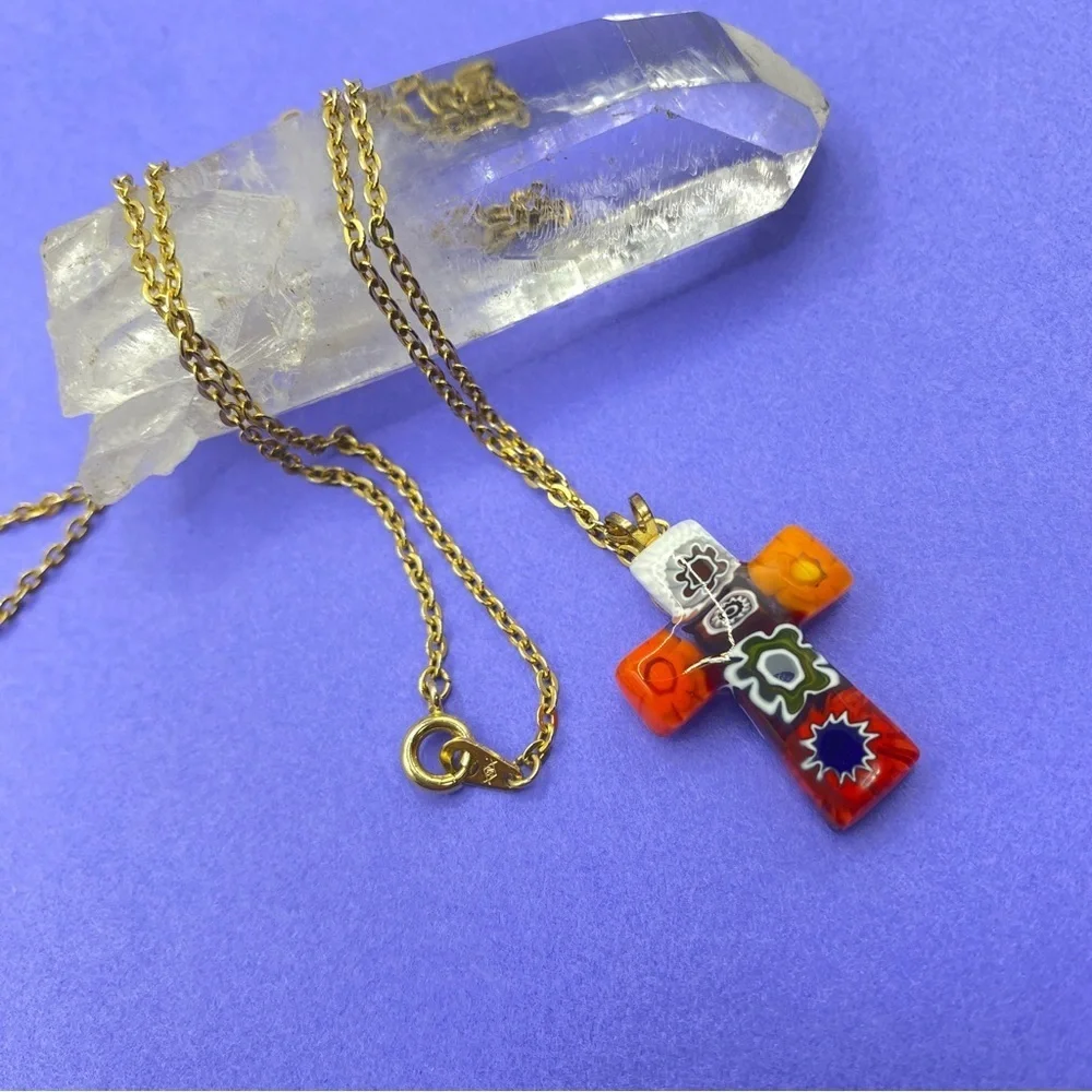 Art Glass Millefiori Christian Cross Pendant Necklace on Vintage Gold To…